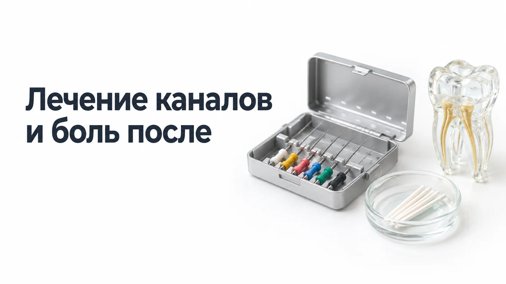 Металлический футляр с эндодонтическими файлами с цветными ограничителями, гуттаперчевые штифты в стеклянной чашке и прозрачная модель зуба с корневыми каналами