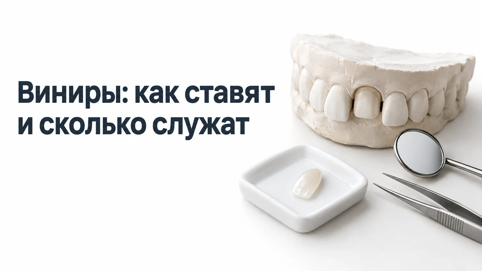 Гипсовая модель верхних передних зубов с одним подготовленным зубом, тонкая керамическая пластинка-винир на белой ванночке, стоматологическое зеркало и пинцет