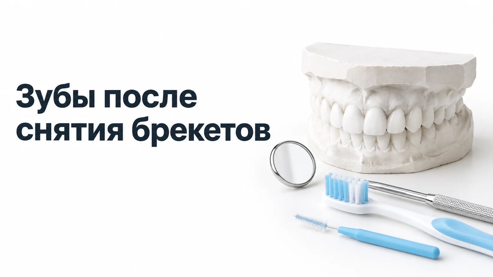 Гипсовая модель зубов с ровным рядом без брекетов, рядом стоматологическое зеркало, мягкая зубная щётка и межзубной ёршик